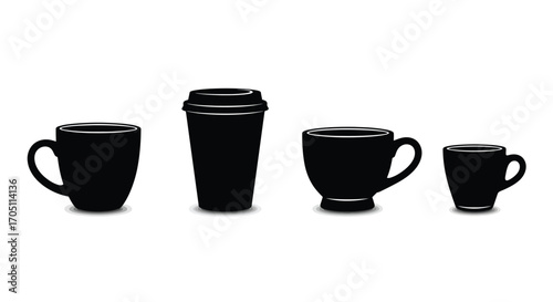 Collection of four black coffee cups and a takeaway cup with lids vector