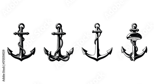 Collection of four nautical anchors in black ink sketch style for marine themes vector