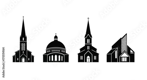 Collection of distinct architectural church building silhouettes for religious and community concepts vector