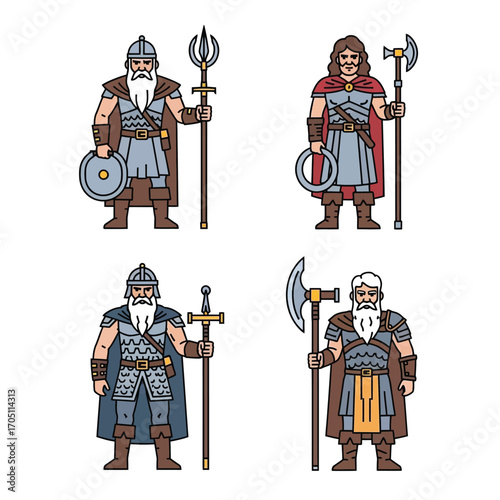 Four cartoon vikings in armor holding weapons: trident, axe, sword, and shield. Each has a helmet and a beard.