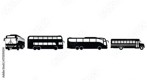 Diverse fleet of buses silhouettes isolated showing various types of passenger transport vector