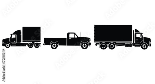 Three silhouette trucks semi truck pickup truck and box truck for logistics and transport vector