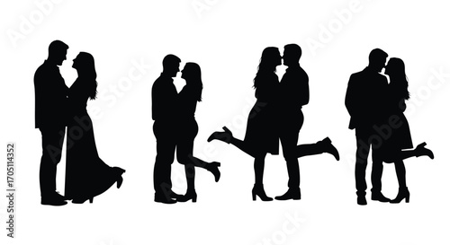 Romantic couple silhouettes embracing and dancing in various poses for love concepts vector