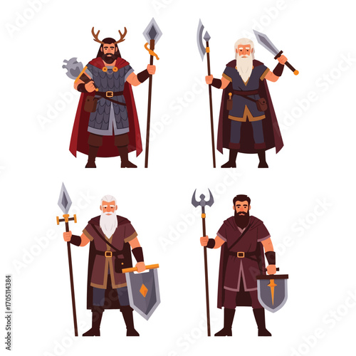 Four stylized warriors stand with weapons: spear, sword, trident, and shield, wearing capes and armor.
