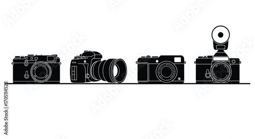 Collection of retro and modern cameras with flash displayed on a plain surface vector