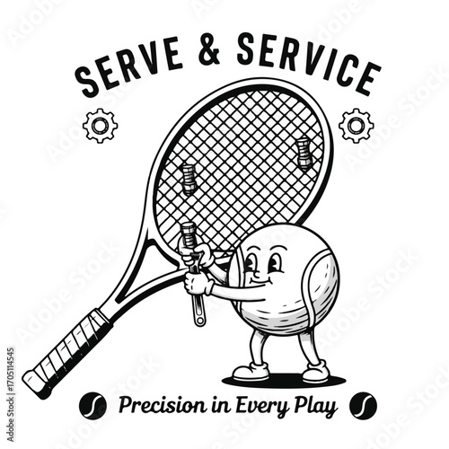 A vintage cartoon tennis ball character stringing a racket with a wrench, illustrating the concept of serve and service.