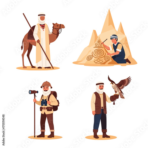 Desert explorers and archaeologists, showcasing diverse activities in a desert landscape.
