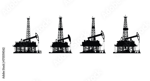 Four silhouette oil drilling rigs and pumpjacks lined up for energy production vector