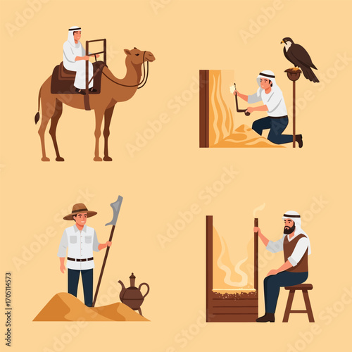 Desert scenes depicting traditional Arab life, camel riding, sand work, and tea preparation.