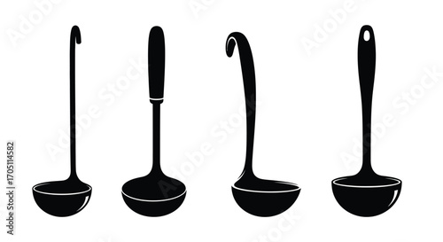 Four different styles of kitchen ladles silhouette collection for culinary use vector