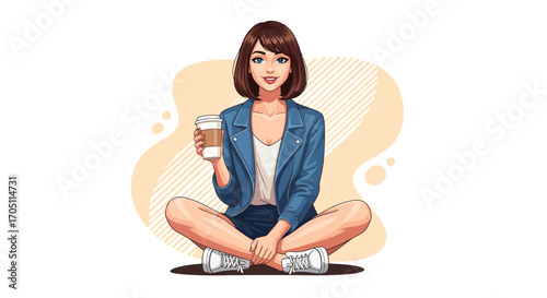 A charming modern illustration of a young woman sitting cross-legged on the floor, enjoying a relaxing coffee break