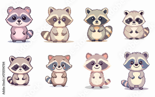 Pixel Raccoon Character Set with 8 Adorable Cartoon Animals