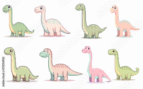 Pixel Brontosaurus Character Set with 8 Cute Long Neck Dinosaurs