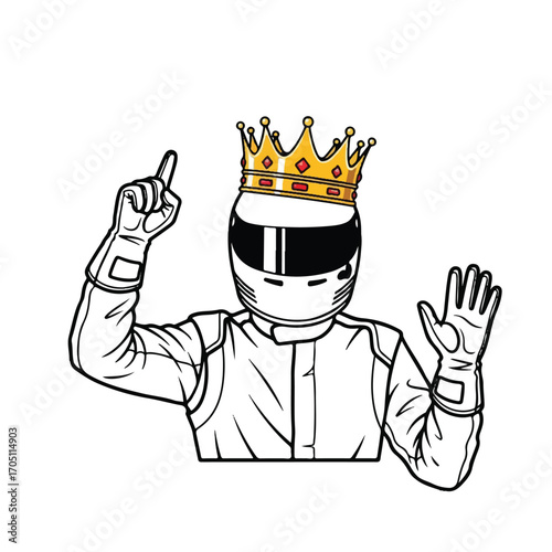 A racing driver wearing a helmet and gloves, adorned with a golden crown, points a finger upwards and waves with the other hand.