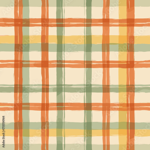 Watercolor Plaid Pattern: Autumnal Orange, Green, and Yellow Seamless Texture