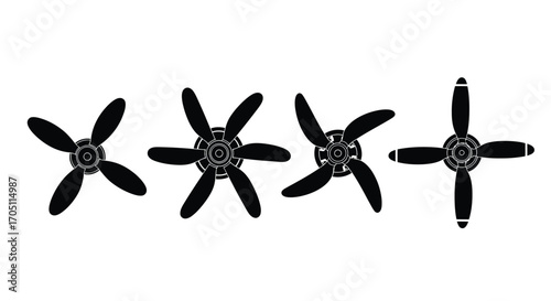 Four black propellers with varying blade configurations isolated on white surface vector