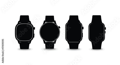 Modern digital smartwatches silhouettes collection showcase timepiece technology fashion accessories vector