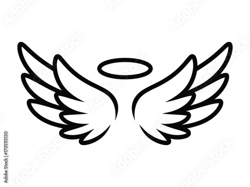 Simple outline angel wings with halo symbol for design and art projects
