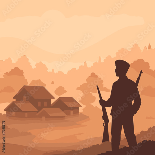Silhouette of Soldier Guarding Village at Sunset: War, Peace, Remembrance