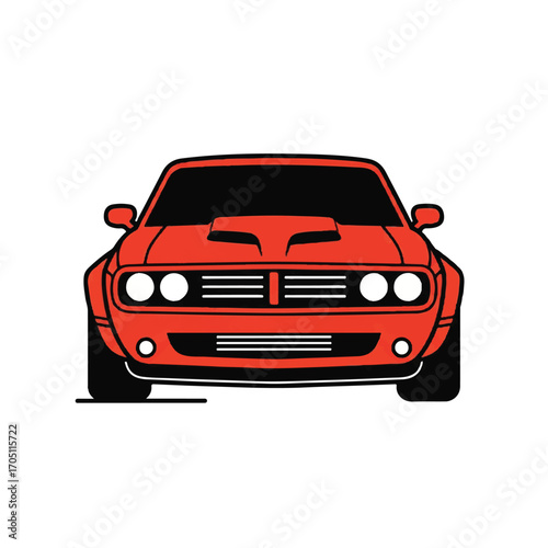 Front view of a red muscle car illustration with black accents.