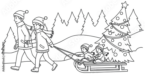 Christmas tree vector illustration of a winter family scene with parents pulling children on a sled past a decorated festive tree in a snowy pine forest holiday