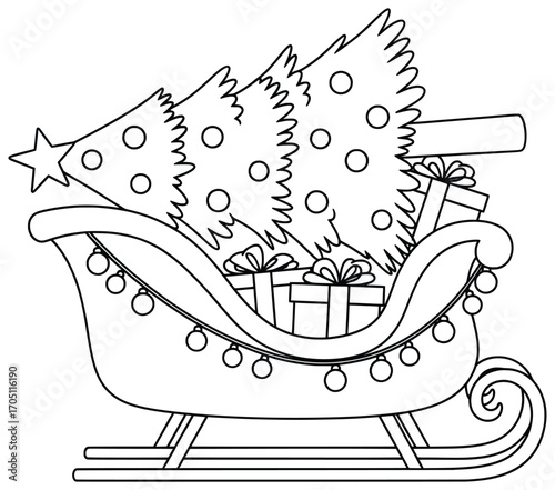 Christmas tree vector illustration of a festive decorated tree placed inside a sleigh with wrapped gifts and ornaments creating a joyful seasonal winter holiday design