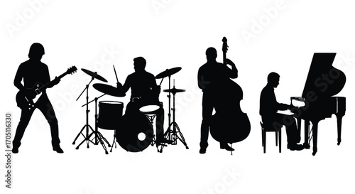 Silhouettes of a jazz band performing music on stage with instruments vector