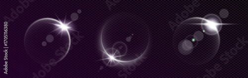 Eclipse light with bright sun glow and neon flare on black sky. Planet circle and crescent ring form cosmic sphere. Starry universe overlay with halo, dawn horizon, 3D cosmic effect and energy arch