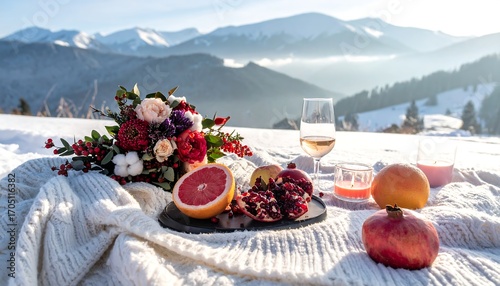 Winter picnic with fruits and flowers
