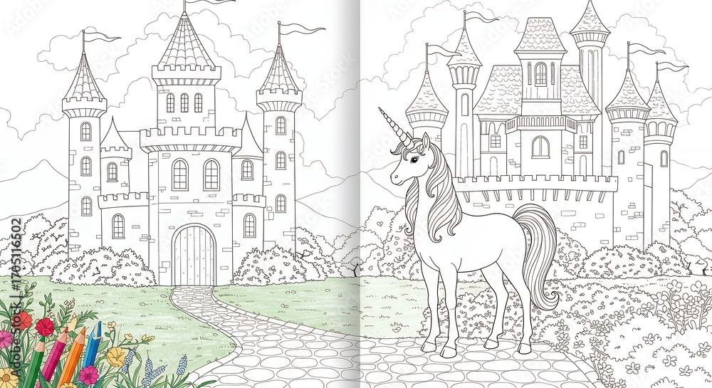 Naklejka premium Unicorn coloring page castle scene