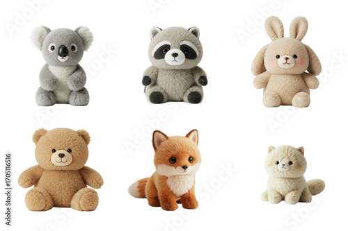 Collection of Six Stuffed Animals on Transparent Background Featuring Koala Raccoon Rabbit Bear Fox