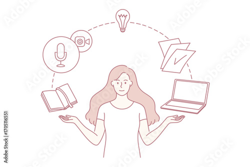 Time management and innovation concept. Young smiling woman cartoon character standing with book notebook laptop and light bulb flying around vector illustration
