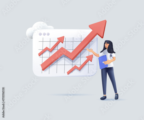 Company growth 3D render vector illustration, boost profit or increase revenue, success investment or growing sales, report or improvement, business woman present graph with high improvement bar chart