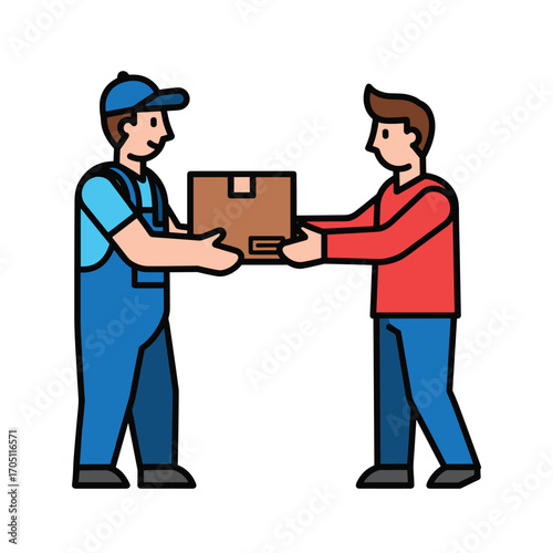 Vector illustration of a delivery person in uniform handing a package to a customer