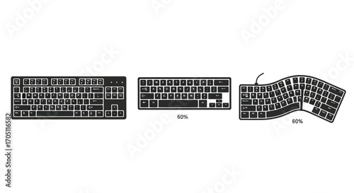 Detailed top view schematics of a modern ergonomic keyboard layouts vector