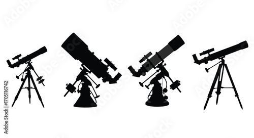 Silhouette set of four telescopes on tripod mounts for astronomy and observation vector