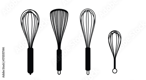 Collection of kitchen whisks various sizes and designs for baking and cooking preparation vector