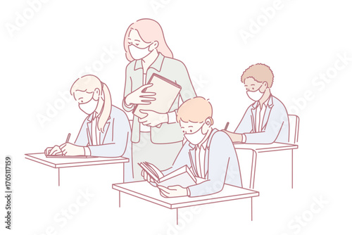 Education and learning during quarantine concept. Group of pupils and young woman teacher in protective medical masks during lesson in classroom vector illustration