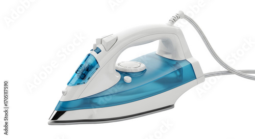 Blue and white electric iron isolated on transparent background for ironing clothes