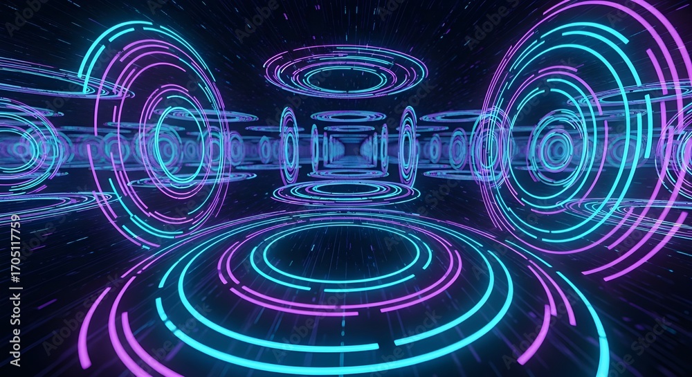 Fototapeta premium Futuristic Neon Tunnel with Glowing Rings and Geometric Shapes