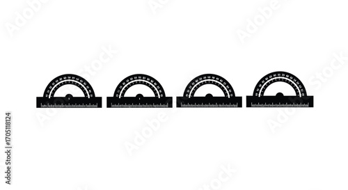 Four black protractor tools arranged horizontally showing measurement and geometry vector
