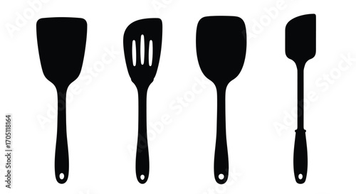 Collection of four black kitchen spatulas isolated on a for cooking and food preparation vector