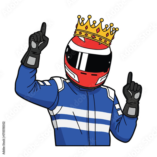 A victorious race car driver celebrates with a crown.