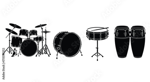 A collection of diverse drum sets and percussion instruments for music production vector