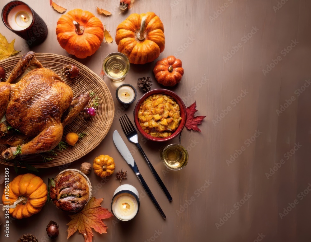 Fototapeta premium Festive Thanksgiving table flat lay with roasted turkey, pumpkins, candles, and autumn leaves in warm cozy tones