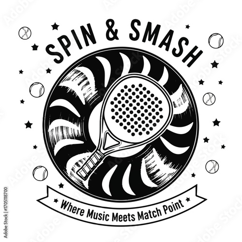 A black and white graphic design featuring a tennis racket and the words "Spin & Smash" and "Where Music Meets Match Point".