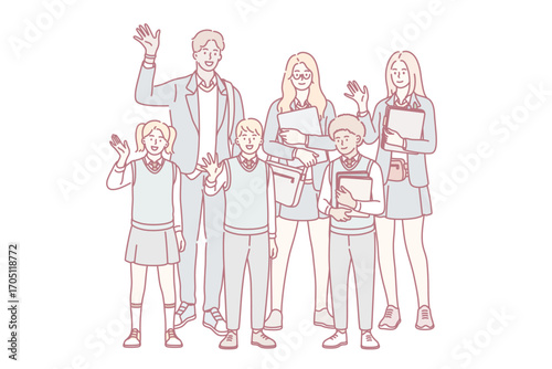 Education, learning and knowledge concept. Group of young smiling students pupils standing waving hands holding books and tablets showing excitement vector illustration