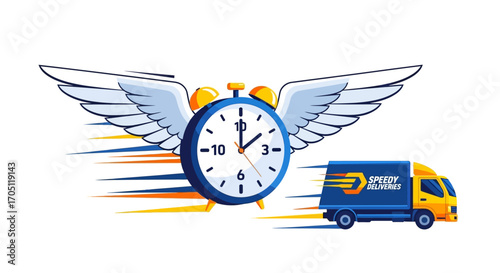 Swift delivery concept featuring a clock with wings in motion and a speedy transport truck symbolizing fast and efficient shipping services for logistics and e-commerce businesses worldwide