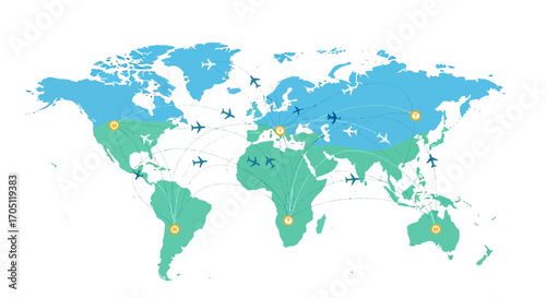 Global air travel network connecting continents and countries, with planes flying between major cities, illustrating international business and tourism opportunities
