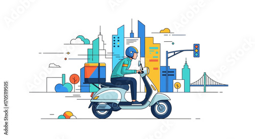 Modern delivery driver on a scooter in a city delivering packages, conveying the speed and efficiency of urban logistics and e-commerce services for online shopping and modern lifestyle